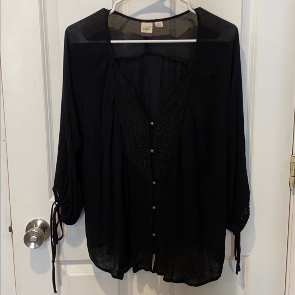 EUC Roxy Black Flowy Button Down Blouse